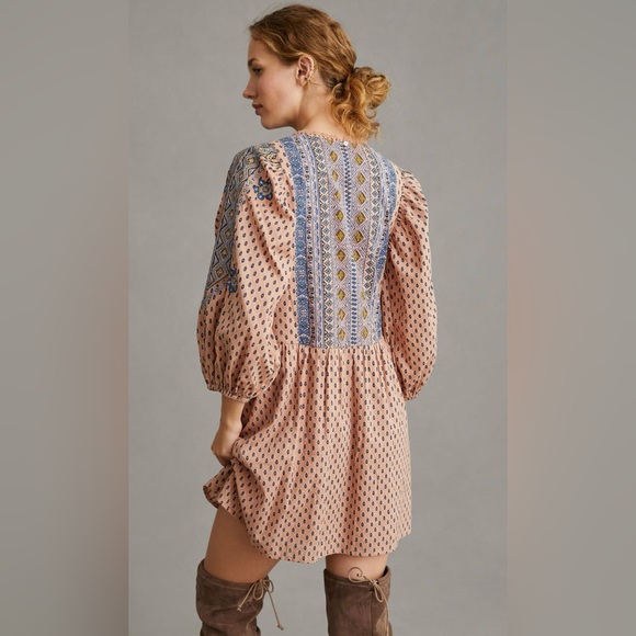 Anthropologie 100% Cotton Embroidered Tunic Mini Dress In Peach Size M - Picture 2 of 16